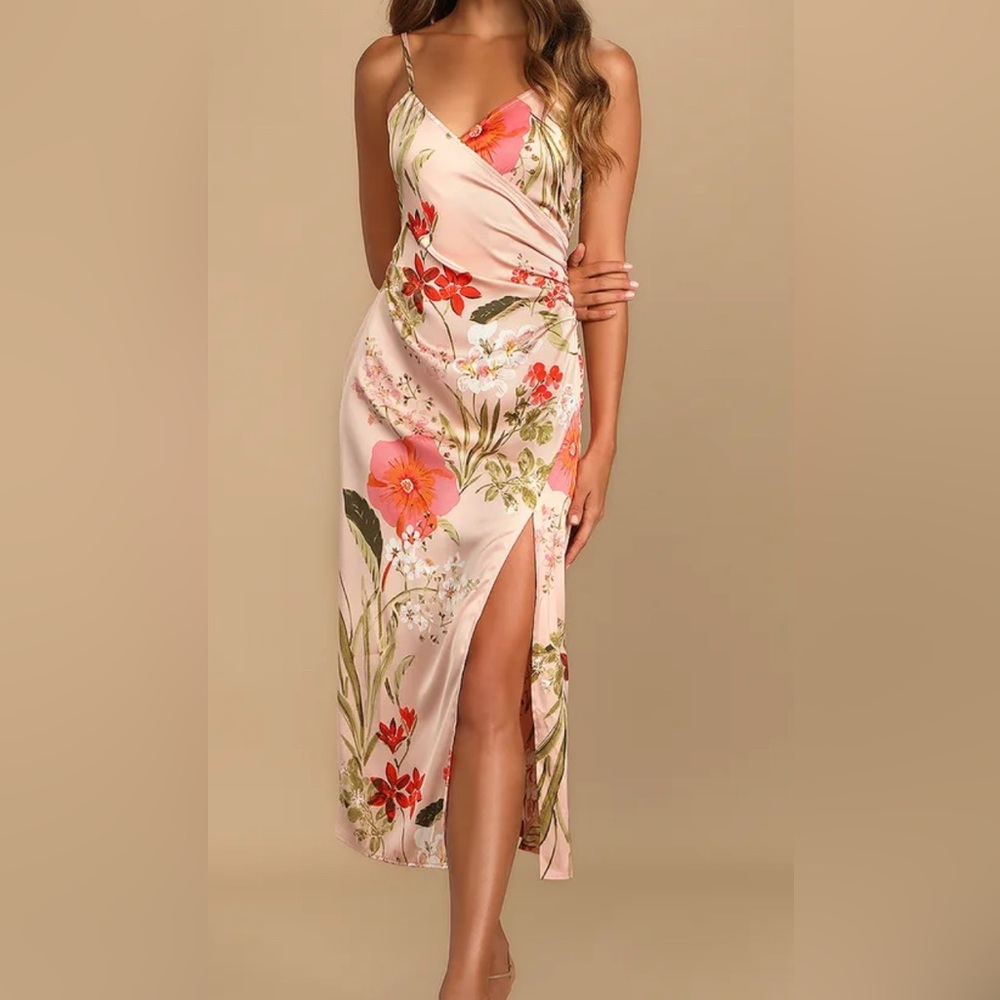 Lulus Satin Pink Floral Midi Dress Large